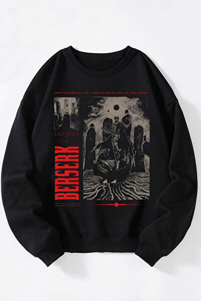 Anetos Sweatshirt unisex din bumbac, cu guler rotund, Berserk Grunge Poster, negru.