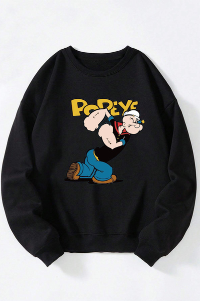 Anetos Temel Reis Unisex Negru Guler Rotund din Bumbac Sweatshirt