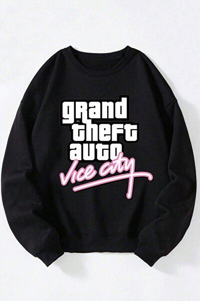 Anetos Grand Theft Auto Vice City Unisex Negru Guler Rotund Bumbac Sweatshirt