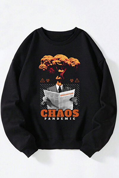 Anetos Chaos Pandemic Unisex Hanorac din Bumbac cu Guler Rotund Negru