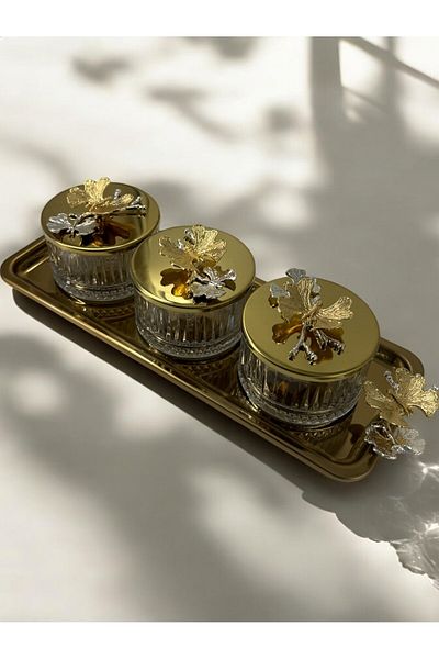 Sevinse Home Triple Glass Breakfast with Tray 4 Piece Sauce Bowl 3-Piece Snack Bowl Multi-Purpose Glass Gold