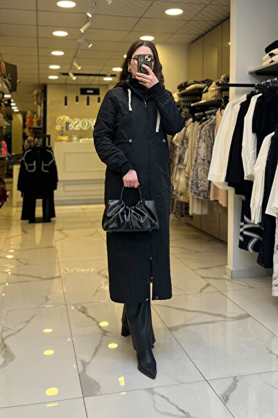 Vosse Trenç Siyah Paraşüt Kumaş Tam Boy Trençkot