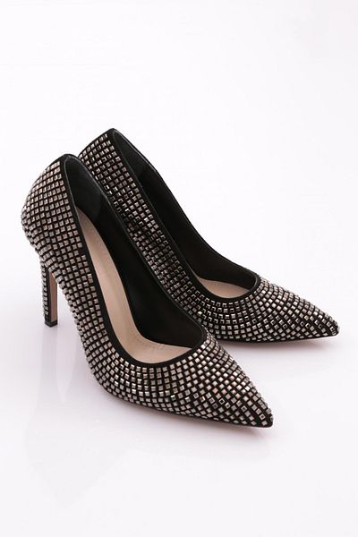 DGN 185 Women's Black Stone Embroidered Heeled Shoes - Platinum Detail
