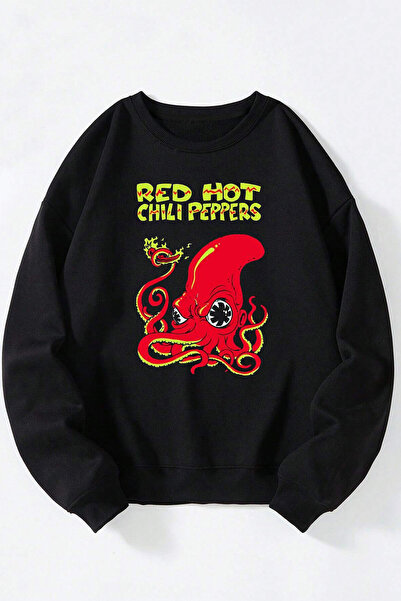 Anetos Red Hot Chili Peppers Octopus unisex negru guler rotund din bumbac han...