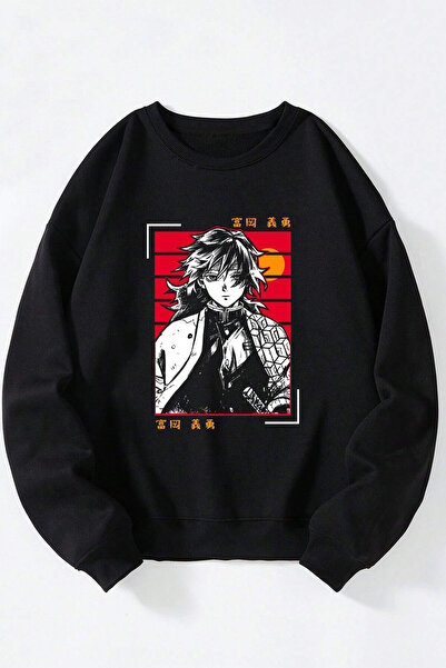 Anetos Giyu Tomioka Demon Slayer Unisex Negru Guler Rotund Bumbac Sweatshirt