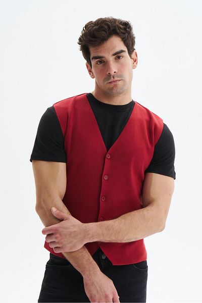 Arma Men's Red Slim Fit Knitwear Vest 100% Cotton Pima Cotton – Buttoned, V-Neck, Basic Style K9Kro0853