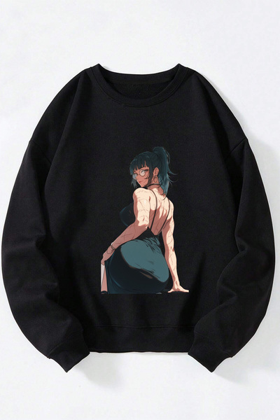 Anetos Maki Zenin Jujutsu Kaisen Unisex Negru Guler Rotund Bumbac Sweatshirt