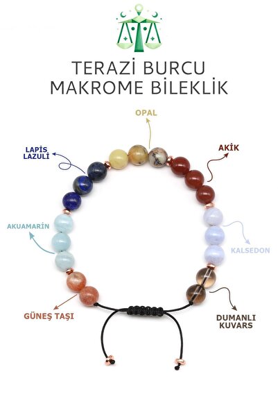 Alibaba Doğaltaş Terazi Burcu Taşlarından Oluşan Doğal Taş Makrome Bileklik 8 mm Küre Kesim - Burç Bilekliği