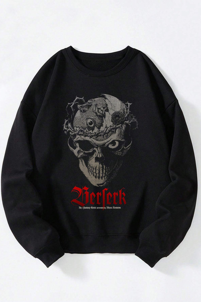 Anetos Bersek Skull Unisex Negru Guler Rotund Bumbac Sweatshirt
