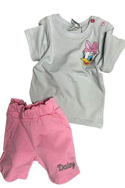 Riccotarz Baby Girl Duck Embroidered Lettering Detailed Pink Shorts Suit