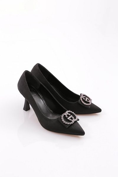 DGN Women's Silver Stone Pointed Toe Buckle Heeled Shoes Black 2992621