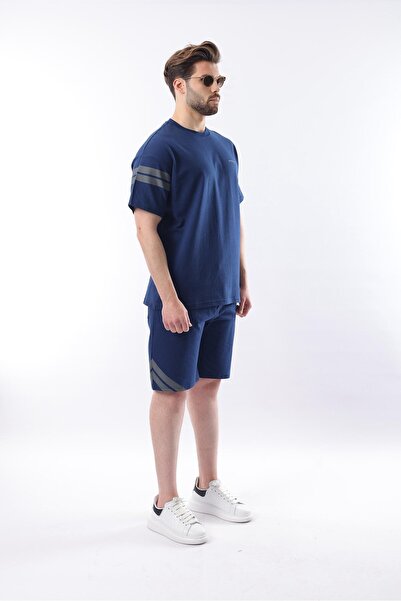 Madmext Lacivert Şerit Detaylı Erkek Şort T-shirt Takım E7301