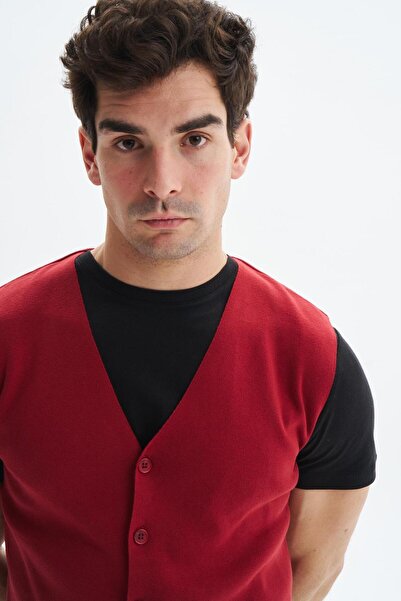 Arma Чоловічий бордовий жилет Slim Fit з трикотажу 100% бавовна Pima Cotton – на ґудзиках, V-подібний виріз, базовий стиль K9KRO0853