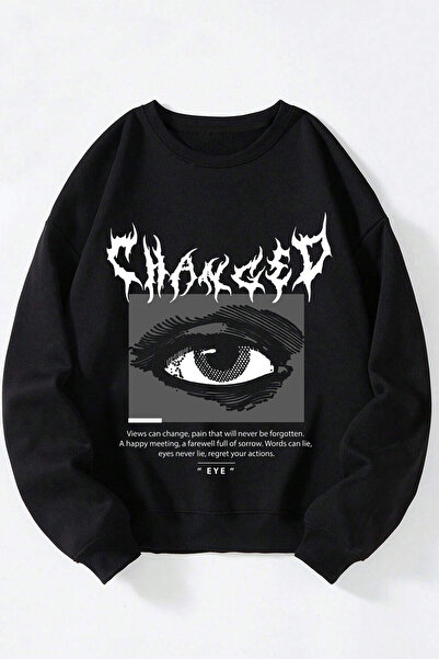 Anetos Eyes unisex negru guler rotund bumbac Swea tricou