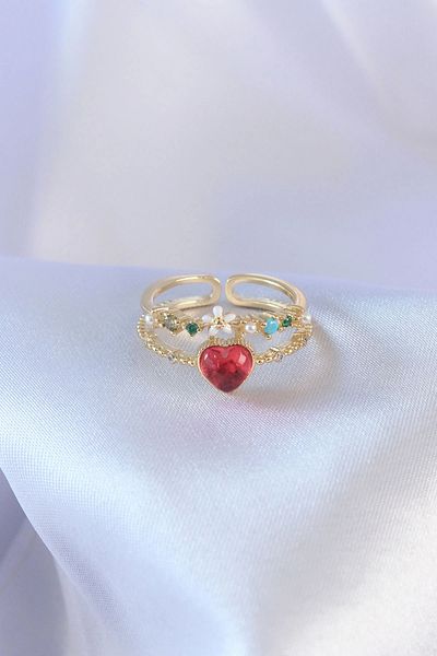 shopwave Gold Color Red Zircon Stone Heart Model Brass Women's Ring