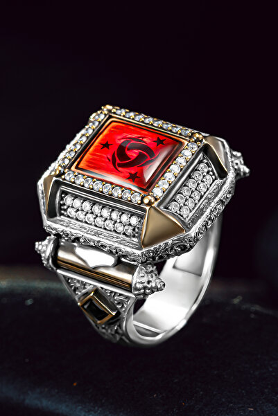 OSMANLI GÜMÜŞ Erkek Gümüş Yüzük - Kırmızı Kehribar Taşlı Teşkilatı Mahsusa İş...