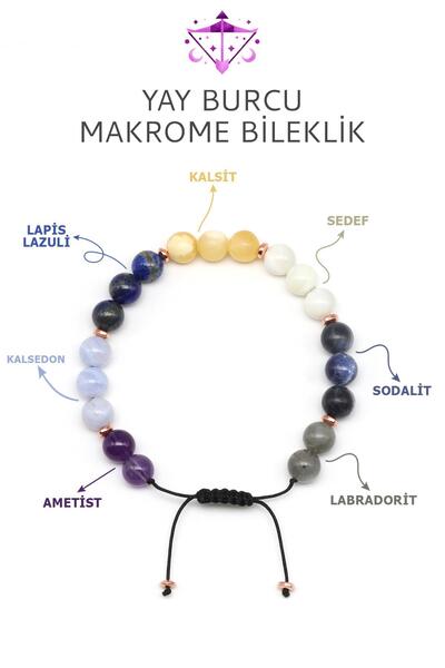 Alibaba Doğaltaş Yay Burcu Taşlarından Oluşan Doğal Taş Makrome Bileklik 8 mm Küre Kesim - Burç Bilekliği