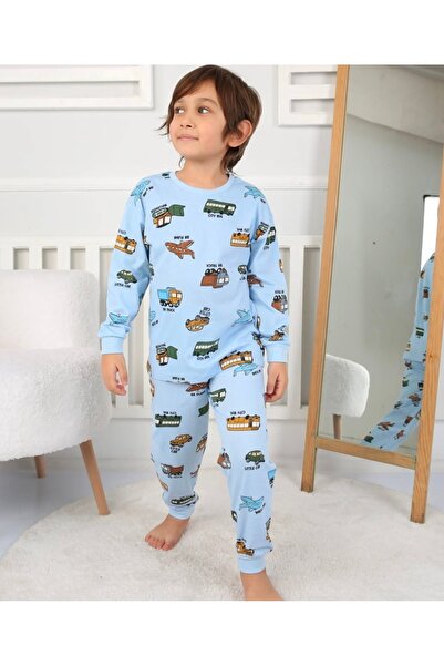 İsobel Kids Erkek Çocuk %100 Pamuklu Araba Desenli Mavi Uzun Kollu Pijama Takımı