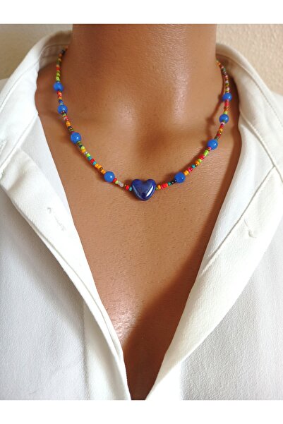 sondonfashion Çeşitli Renklerde Cam Boncuk, Mavi Cam Boncuk Ve Seramik Kalp F...