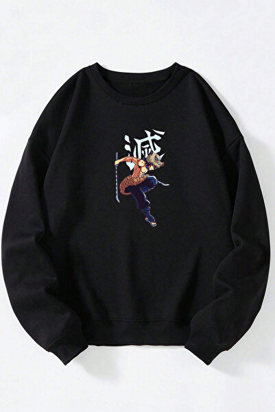 Anetos Inosuke Hashibira Breathing Unisex Μαύρο φούτερ από βαμβακερό λαιμόκοψη