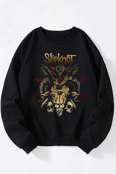 Anetos Slipkont Goat Head Unisex Black Crew Neck Cotton Sweatshirt