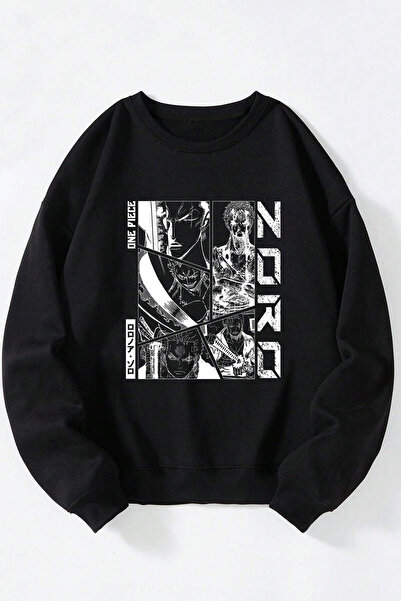Anetos One Piece Zoro Unisex Negru Guler Rotund Bumbac Sweatshirt