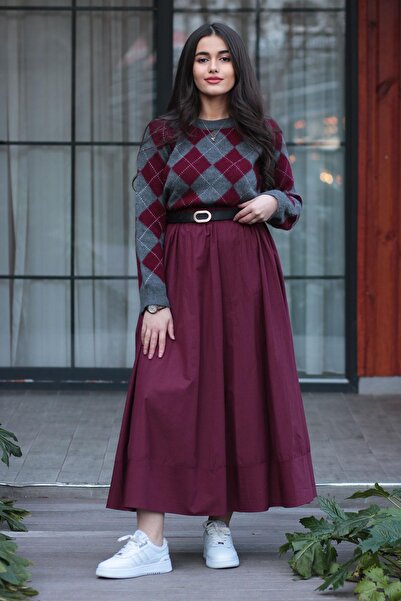 MELEK ARAZ Bordo Rue Poplin Etek