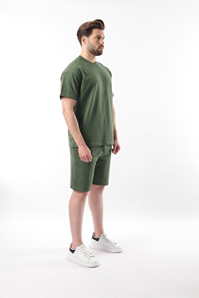 Madmext Khaki Overfit Printed Men's Shorts T-Shirt Suit E7302