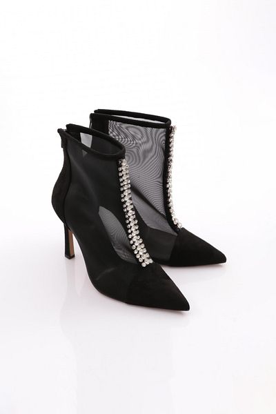 DGN Pantofi de dama cu detaliu din plasa decorati cu piatra din piele intoarsa neagra 3861535