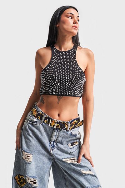 its basic Women's Black Halter Neck - Shiny Neckline Stone Crop Top