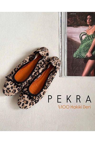 Zuum Balerini de damă din piele leopard bej Pekra - 100% piele naturală, cu șnur