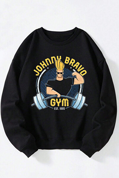 Anetos Φούτερ Johnny Bravo Gym Unisex Μαύρο με λαιμόκοψη από βαμβάκι