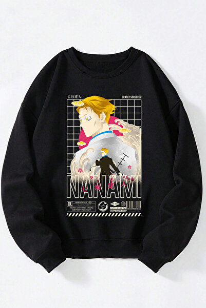 Anetos Nanami Kento Jujutsu Kaisen unisex negru guler rotund sweatshirt din b...