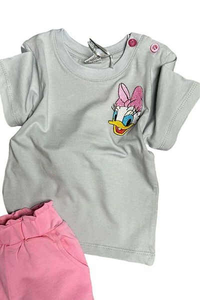 Riccotarz Baby Girl Duck Embroidered Lettering Detailed Pink Shorts Suit