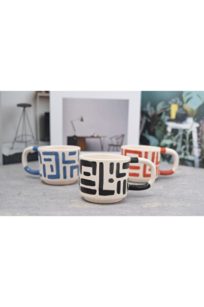 Melouro Set of 3 Handmade Ceramic Mug, Cups with Black, Red and Blue Calligraphy Handles
