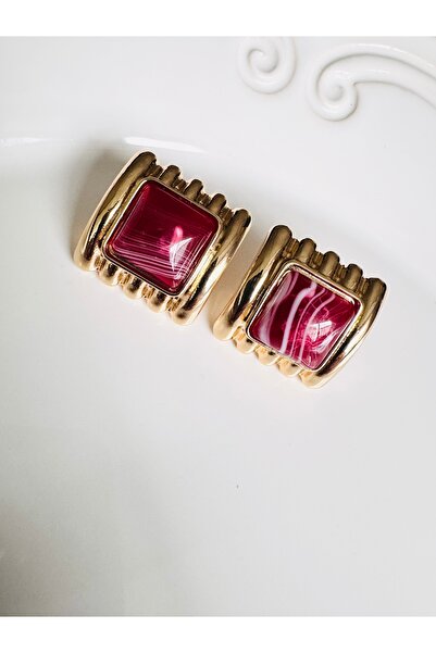 DEVİ fashion Burgundy Square Vintage Striped Earrings 3 cm