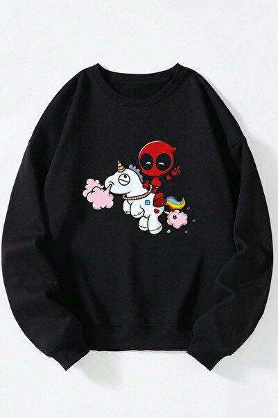 Anetos Unicorn și Deadpool unisex negru guler rotund bumbac hanorac