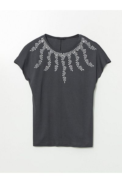 LC Waikiki Lcw Eco Anthracite Crew Neck Print Women's Blouse
