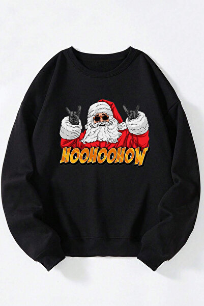 Anetos Hoo hoo cum ar fi Moș Crăciun, hanorac unisex negru din bumbac guler r...