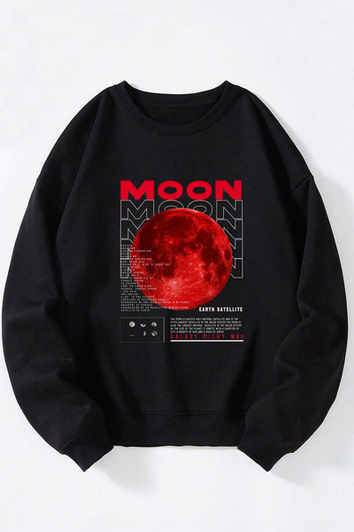 Anetos Red Moon Unisex Sweatshirt Cu Guler Rotund Negru Din Bumbac