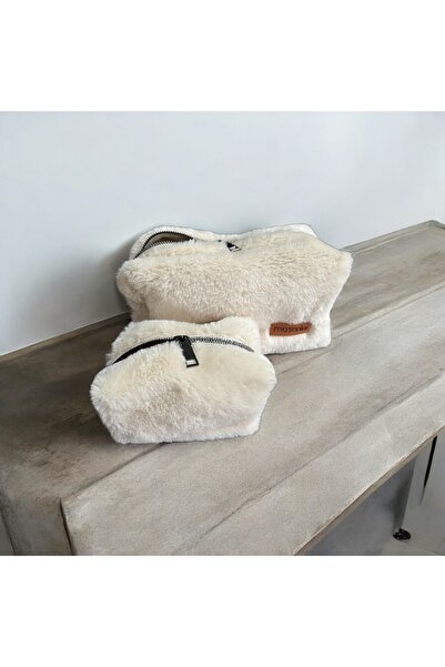 Moserini Soft Cream Plush Makeup Bag, Travel & Cosmetic Bag Set of 2