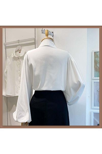 Faya Boutique Cămașă din popelin cu mânecă cu balon cu guler alb