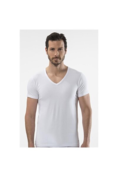Cacharel 1306 V-подібний комір, короткий рукав, чоловічий футболка - білий