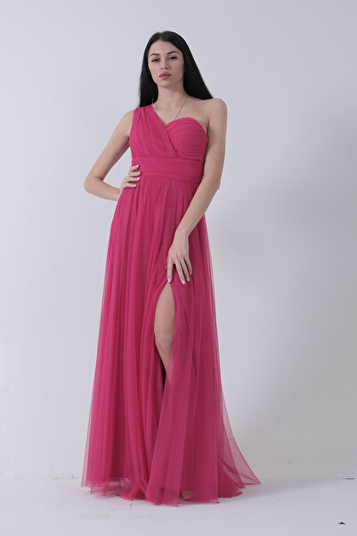 Feminist Tek Omuz Yırtmaçlı Abiye Fuşya 9705155