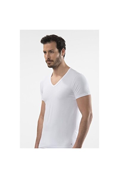 Cacharel 1306 V-подібний комір, короткий рукав, чоловічий футболка - білий