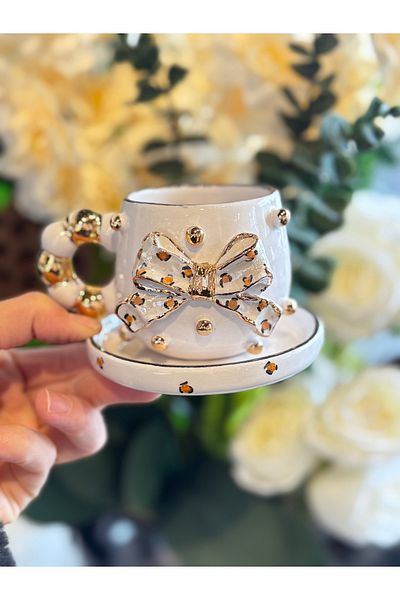 Pernotte Handmade 24K Gold Plated Hand Ceramic Ribbon Turkish Coffee Cup