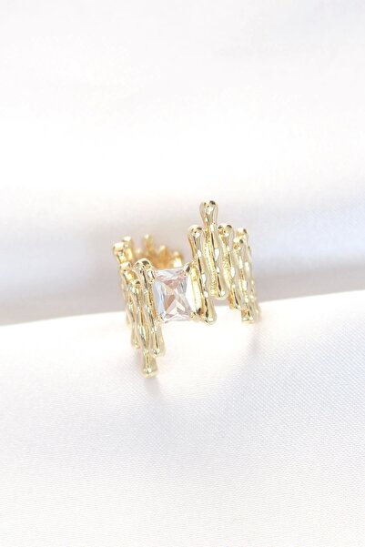 shopwave Gold Color Serrated Thick Baguette Stone Design Adjustable Ring