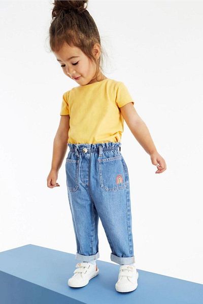 minibambi Pantaloni de blugi Mom Jean cu broderie curcubeu pentru fete albastru deschis