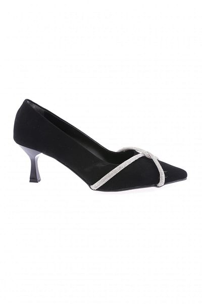 DGN Fb-46-23y Women's - Black Velvet Heeled Shoes with Silver Stones