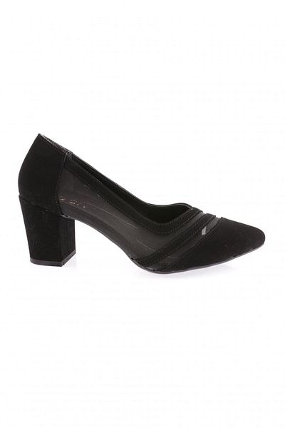 DGN Women's Pointed Toe Transparent Mesh Detailed Heeled Shoes Black Velvet 2172102328